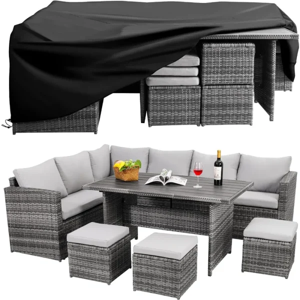 7 Pieces Outdoor Patio Furniture with Dining Table&Chair, Wicker Conversation Set with Ottoman,Grey (Include Sofa Dust Cover)