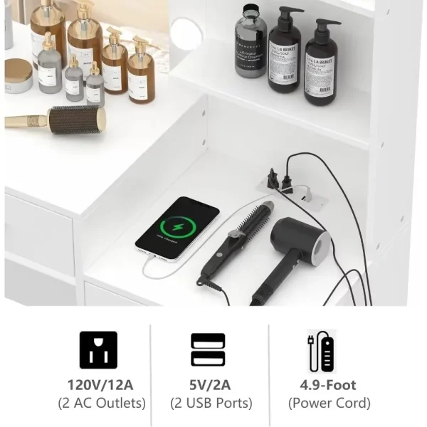 Makeup Vanity Table with Mirror & Lights, Vanity Desk with Power Strip, Large Drawer & Six Open Storage Dresser, Dressing Table - Image 5