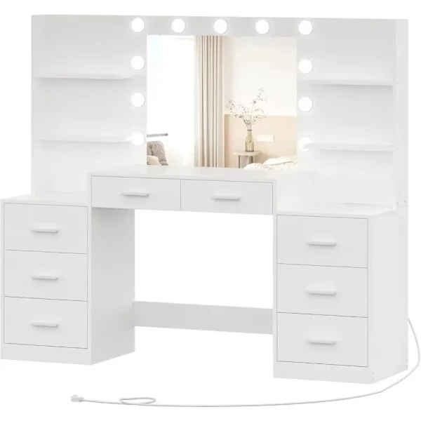 Makeup Vanity Table with Mirror & Lights, Vanity Desk with Power Strip, Large Drawer & Six Open Storage Dresser, Dressing Table - Image 3