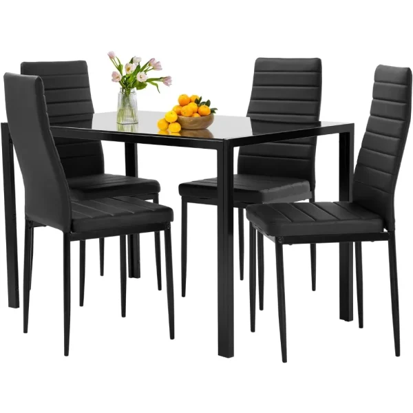 Small Space Glass Dining Room Table Set Kitchen Dining Table and Chairs for Four Rectangular Modern Home Furniture (Black Glass)